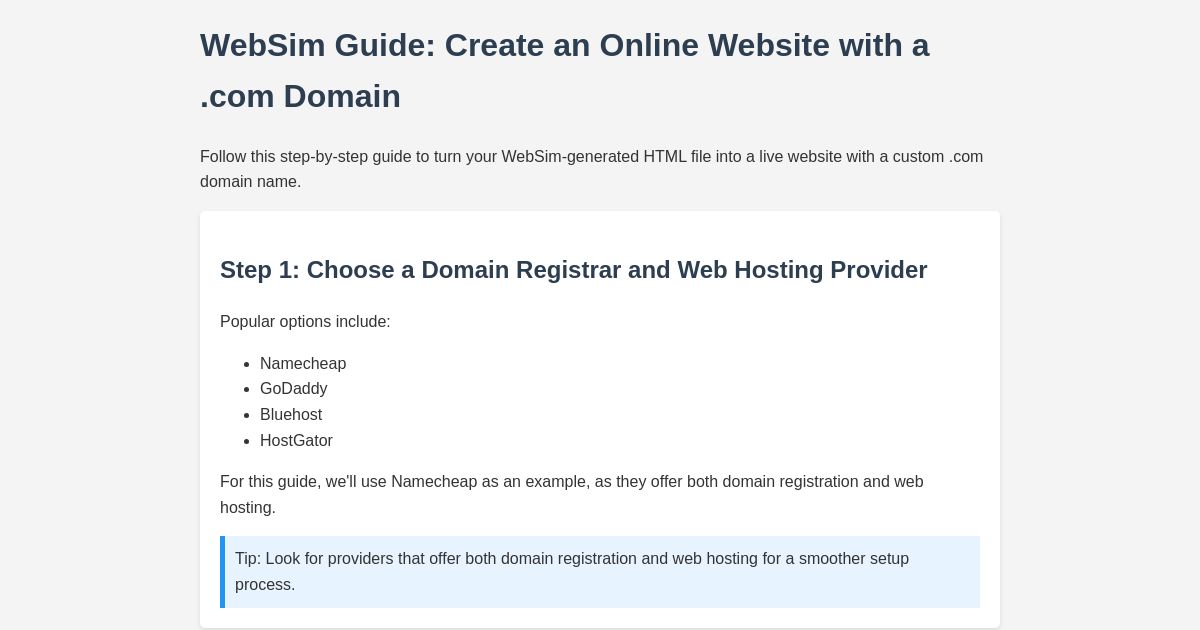 WebSim Guide: Create an Online Website with a .com Domain