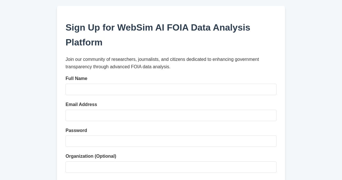 Sign Up - WebSim AI FOIA Data Analysis Platform