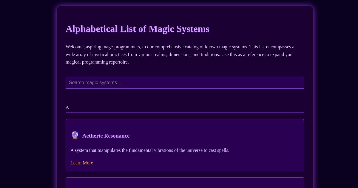 Learn to Program: Alphabetical List of Magic Systems