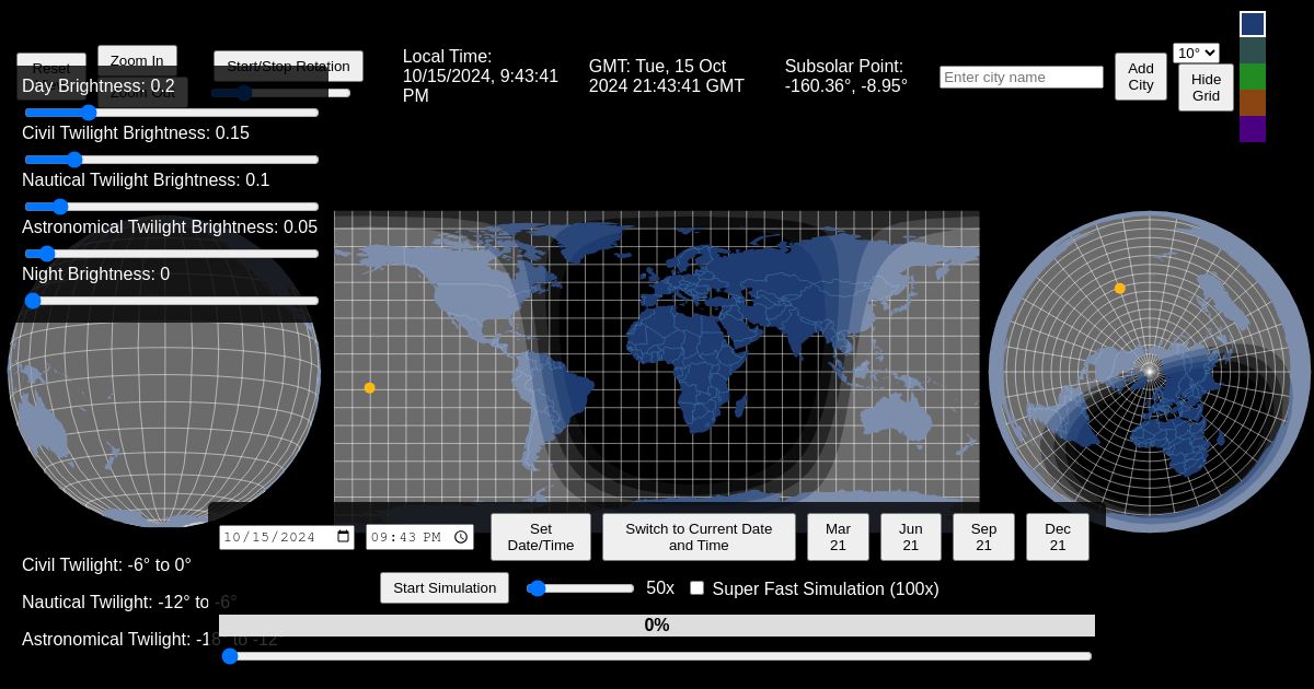 Interactive Earth Map with Multiple Cities and Custom Date Simulation