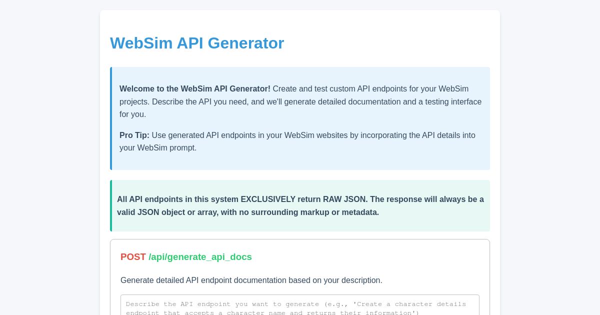 WebSim API Generator Websim api generator