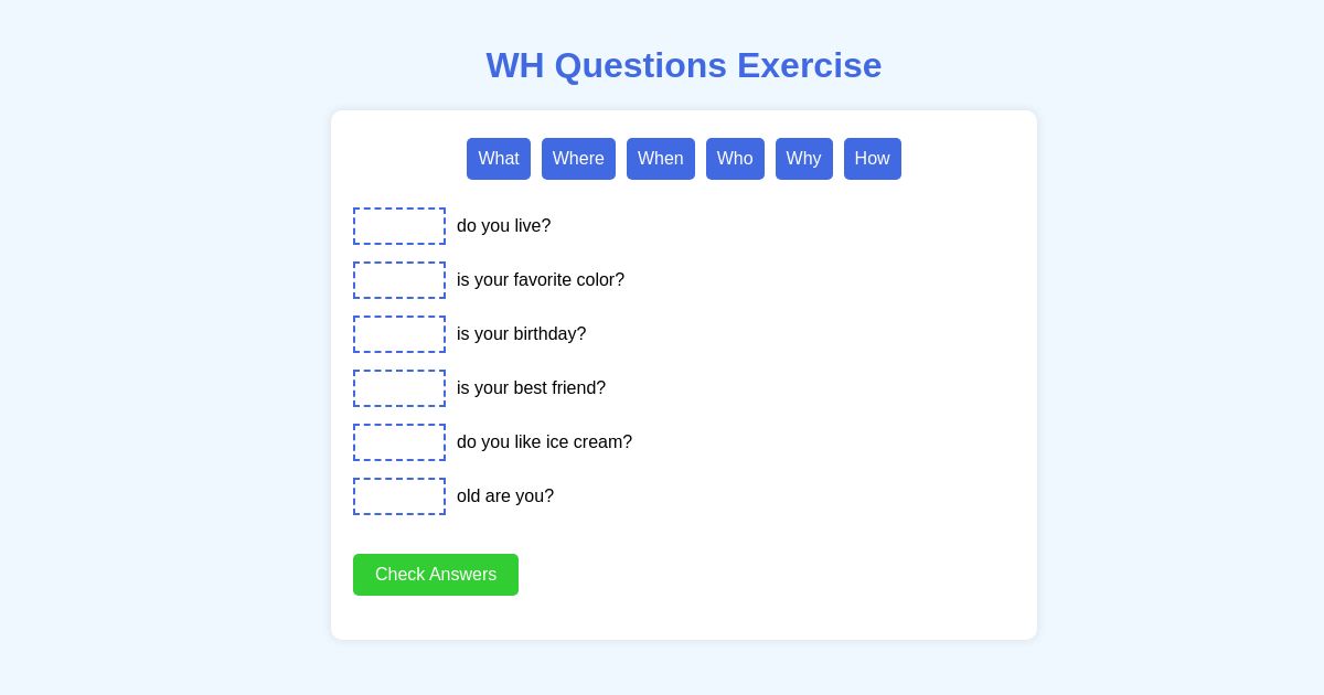 WH Questions Exercise for Elementary School